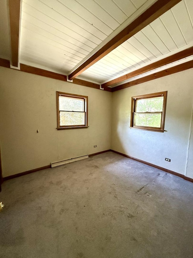 27616 W Rowe Ave, Spring Grove, IL 60081 - unfurnished room featuring baseboard heating, beamed ceiling, carpet floors, and baseboards