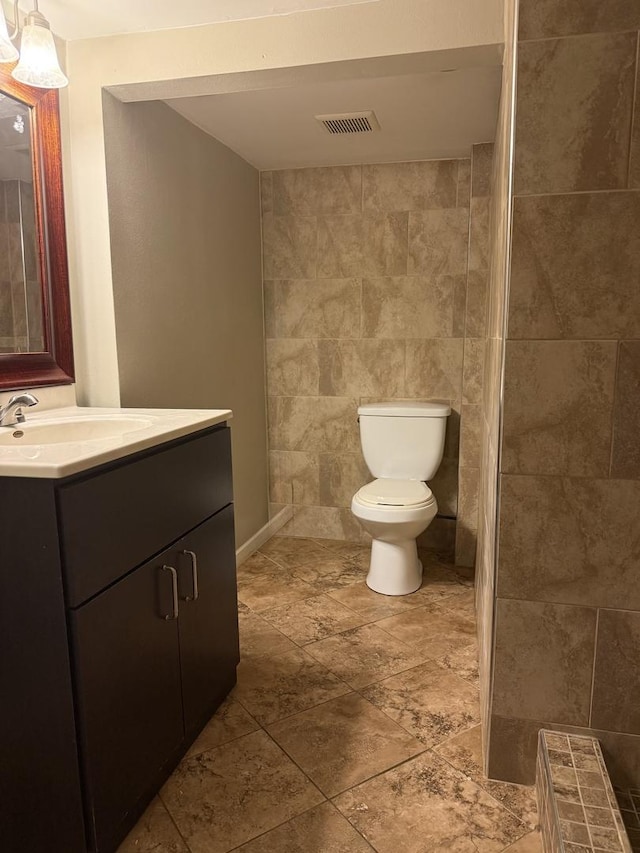 27616 W Rowe Ave, Spring Grove, IL 60081 - full bath with vanity, toilet, stone finish floors, tile walls, and a shower