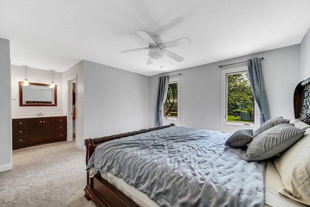5S640 Bluff Ln, Naperville, IL 60540 - bedroom with light carpet, baseboards, ensuite bath, and a ceiling fan