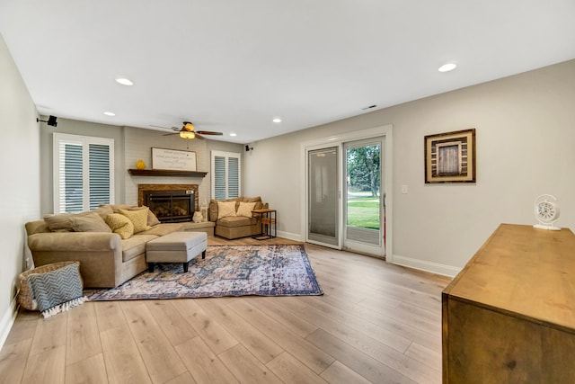5S640 Bluff Ln, Naperville, IL 60540 - living area with baseboards, ceiling fan, a fireplace, light wood finished floors, and recessed lighting