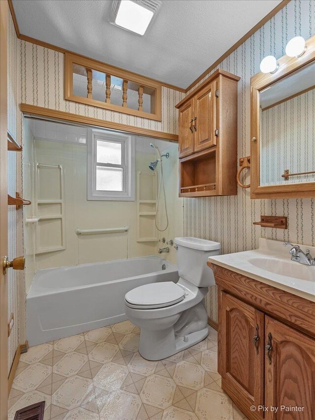 1434 Somerset Ln, Schaumburg, IL 60193 - bathroom with wallpapered walls, vanity, toilet, crown molding, and  shower combination
