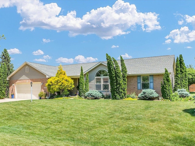 206 Wilsey Ln, Sidney, IL 61877 - ranch-style home with brick siding, an attached garage, a front yard, driveway, and a shingled roof