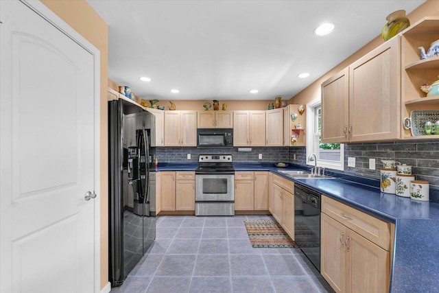 206 Wilsey Ln, Sidney, IL 61877 - kitchen featuring black appliances, open shelves, light brown cabinetry, dark countertops, and recessed lighting