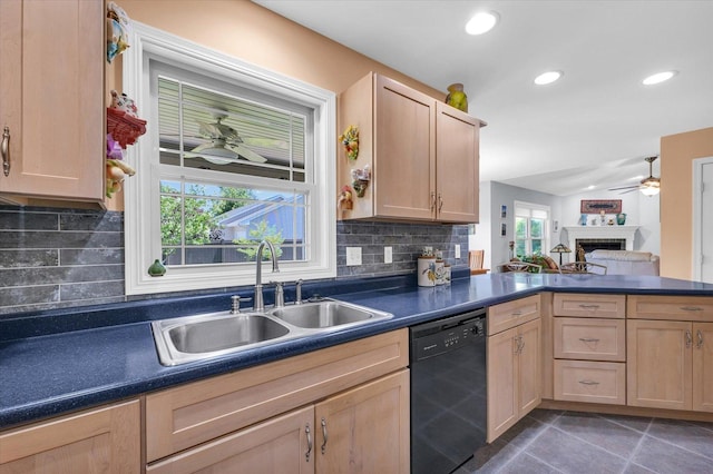 206 Wilsey Ln, Sidney, IL 61877 - kitchen with black dishwasher, light brown cabinets, a ceiling fan, and recessed lighting