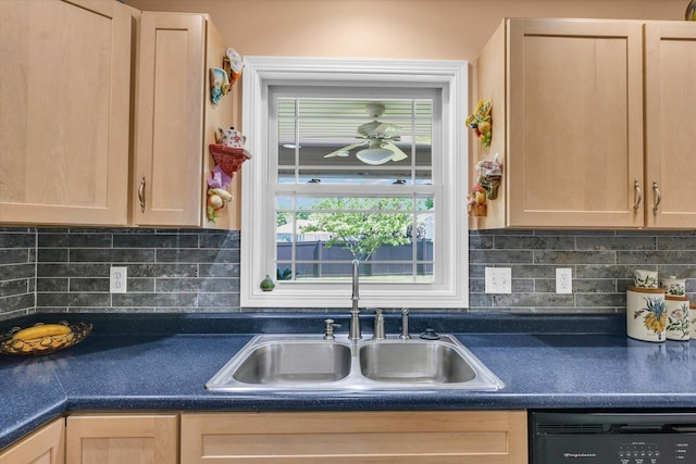 206 Wilsey Ln, Sidney, IL 61877 - kitchen featuring dishwasher, light brown cabinets, dark countertops, and backsplash