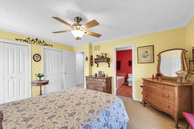 206 Wilsey Ln, Sidney, IL 61877 - bedroom featuring multiple closets, light carpet, crown molding, ensuite bathroom, and ceiling fan