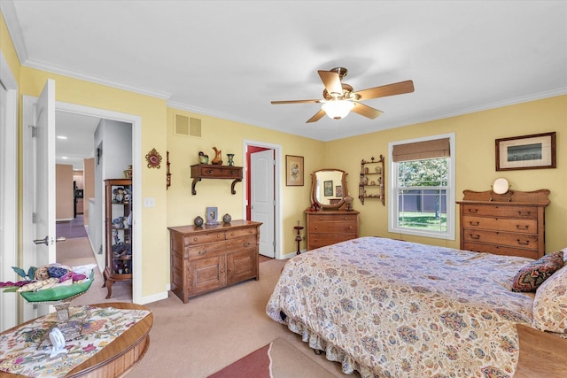206 Wilsey Ln, Sidney, IL 61877 - bedroom featuring light carpet, ornamental molding, and ceiling fan