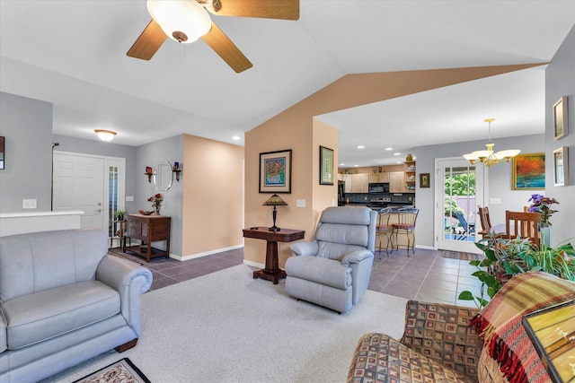 206 Wilsey Ln, Sidney, IL 61877 - tiled living room featuring a chandelier, lofted ceiling, a ceiling fan, and recessed lighting
