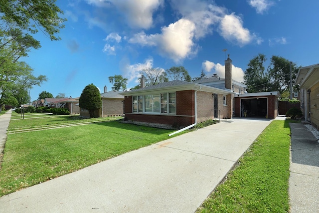 10945 S Lowe Ave, Chicago, IL 60628 - ranch-style house featuring brick siding, a front yard, concrete driveway, a chimney, and a garage