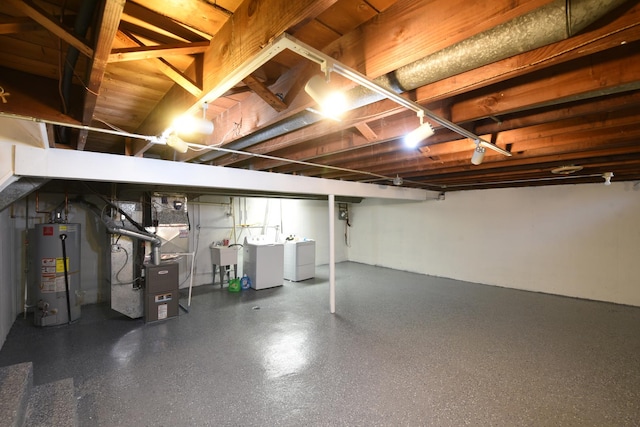 10945 S Lowe Ave, Chicago, IL 60628 - unfinished basement featuring washing machine and dryer, water heater, heating unit, and a sink