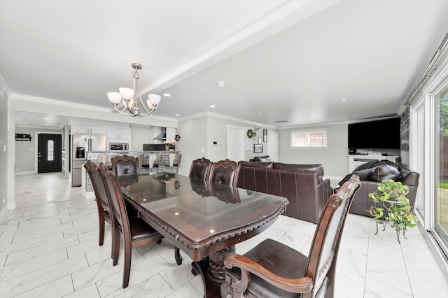 6315 W 83rd Pl, Burbank, IL 60459 - dining space with light marble finish flooring, a chandelier, ornamental molding, and recessed lighting
