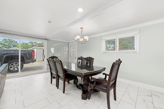 6315 W 83rd Pl, Burbank, IL 60459 - dining area featuring light marble finish flooring, a chandelier, ornamental molding, and healthy amount of natural light