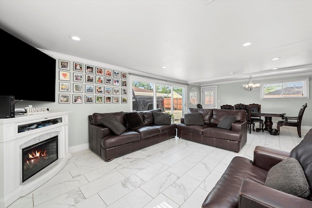 6315 W 83rd Pl, Burbank, IL 60459 - living area featuring a chandelier, light marble finish floors, ornamental molding, recessed lighting, and a fireplace
