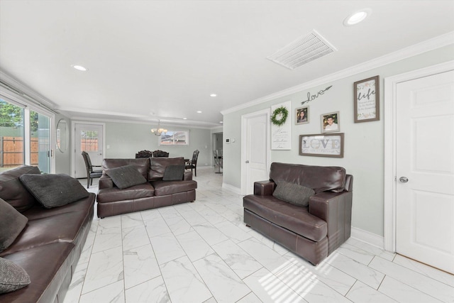 6315 W 83rd Pl, Burbank, IL 60459 - living room featuring light marble finish flooring, ornamental molding, a chandelier, and recessed lighting