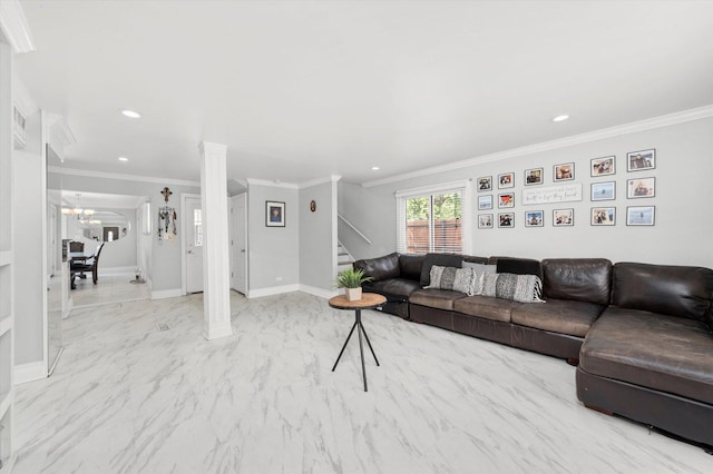6315 W 83rd Pl, Burbank, IL 60459 - living area with stairway, crown molding, recessed lighting, a chandelier, and decorative columns