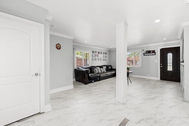 6315 W 83rd Pl, Burbank, IL 60459 - entryway with healthy amount of natural light, crown molding, light marble finish flooring, and recessed lighting
