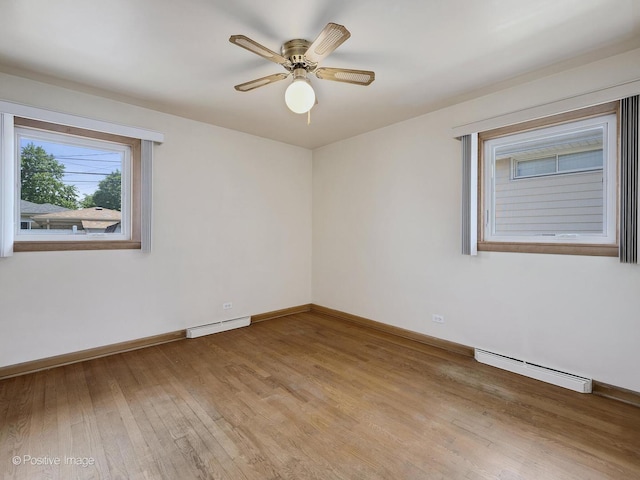 941 Meadowcrest Rd, La Grange Park, IL 60526 - unfurnished room featuring a baseboard heating unit, baseboards, light wood-style floors, and a ceiling fan