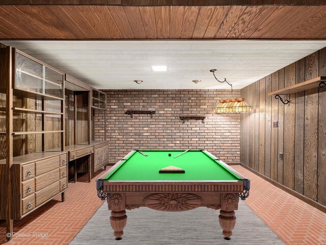 941 Meadowcrest Rd, La Grange Park, IL 60526 - game room featuring wood walls, billiards table, brick wall, brick patterned flooring, and wood ceiling