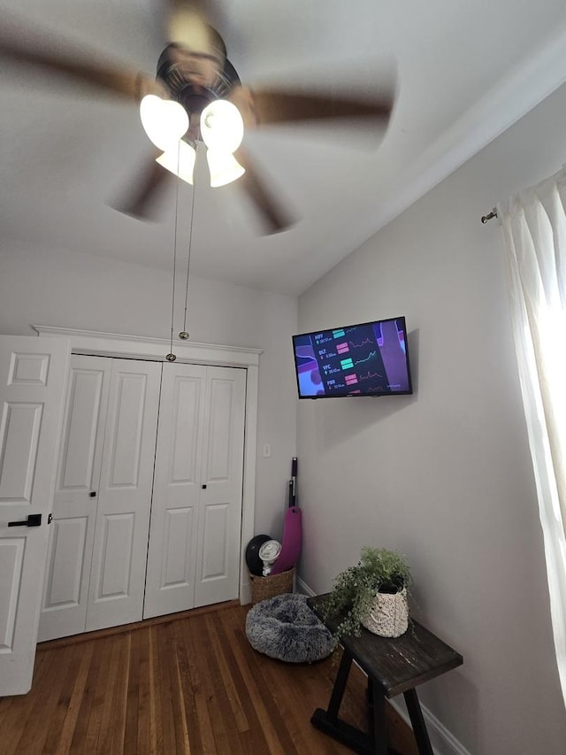 1055 E Hyde Park Blvd Unit 3, Chicago, IL 60615 - interior space featuring wood finished floors, a closet, ceiling fan, and lofted ceiling