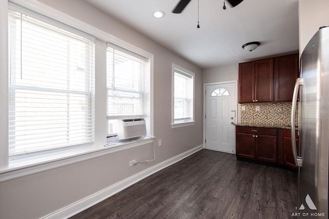 4855 W Roscoe St Unit 1, Chicago, IL 60641 - kitchen featuring freestanding refrigerator, dark wood-style floors, ceiling fan, tasteful backsplash, and recessed lighting