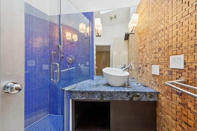 16W307 95th Pl, Burr Ridge, IL 60527 - bathroom featuring tile walls, a shower stall, and vanity