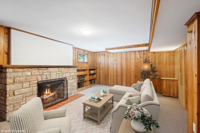 624 N Lombard Ave, Oak Park, IL 60302 - carpeted living room featuring a stone fireplace and wood walls