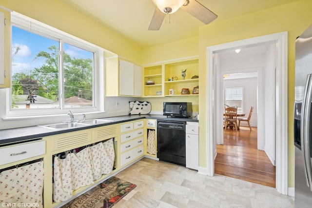 624 N Lombard Ave, Oak Park, IL 60302 - kitchen with black appliances, dark countertops, ceiling fan, open shelves, and cream cabinets