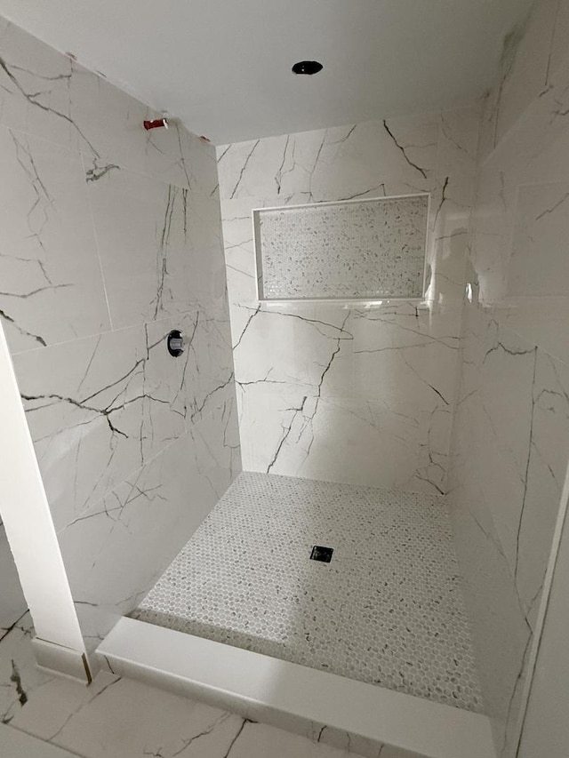 812 Marvin Pkwy, Park Ridge, IL 60068 - bathroom with marble look tiles, a marble finish shower, and recessed lighting