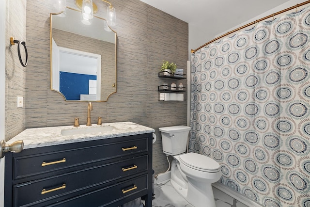 15910 W Ridge St, Lockport, IL 60441 - full bath featuring toilet, vanity, marble finish floors, tile walls, and a shower with shower curtain