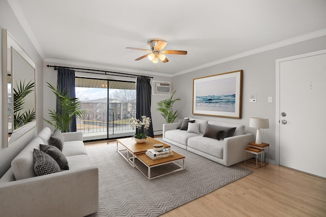 9960 Franchesca Ct Unit 3D, Orland Park, IL 60462 - living room featuring a ceiling fan, wood finished floors, ornamental molding, a wall mounted AC, and baseboard heating
