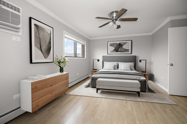 9960 Franchesca Ct Unit 3D, Orland Park, IL 60462 - bedroom with a baseboard radiator, a wall mounted AC, light wood-style floors, ornamental molding, and baseboards