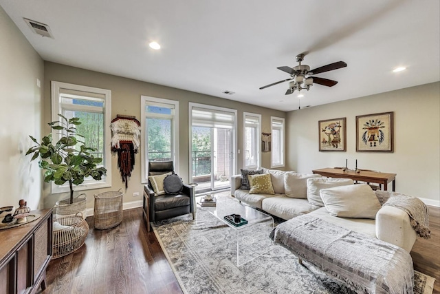 2120 W Rice St Unit 3, Chicago, IL 60622 - living area with dark wood-type flooring, baseboards, a ceiling fan, and recessed lighting