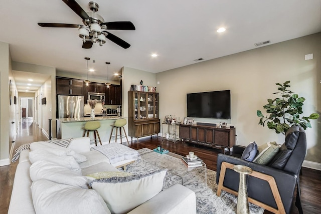 2120 W Rice St Unit 3, Chicago, IL 60622 - living room with ceiling fan, baseboards, dark wood-style flooring, and recessed lighting