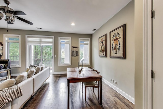 2120 W Rice St Unit 3, Chicago, IL 60622 - dining area featuring baseboards, dark wood-style floors, ceiling fan, plenty of natural light, and recessed lighting