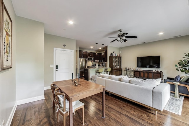 2120 W Rice St Unit 3, Chicago, IL 60622 - living room featuring dark wood finished floors, a ceiling fan, baseboards, and recessed lighting