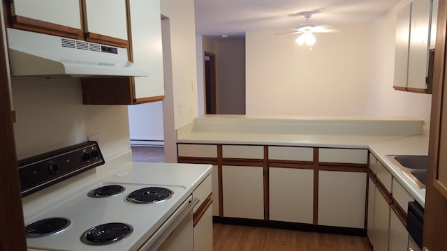 1341 Cunat Ct Unit 1C, Lake In The Hills, IL 60156 - kitchen featuring white electric range, under cabinet range hood, light countertops, ceiling fan, and light wood-style floors