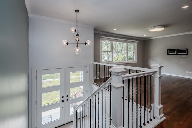 1110 71st St, Darien, IL 60561 - stairs with crown molding, french doors, wood finished floors, and baseboards