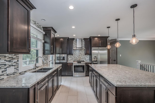 1110 71st St, Darien, IL 60561 - kitchen featuring stainless steel appliances, wall chimney exhaust hood, a sink, decorative backsplash, and dark brown cabinets