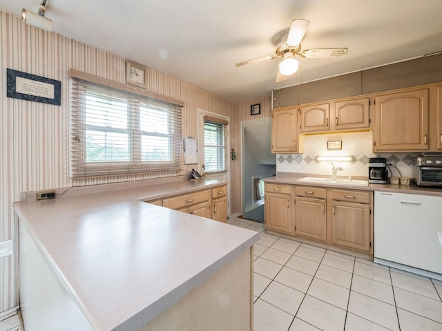 521 Harvard Ln, Hoffman Estates, IL 60169 - kitchen featuring light brown cabinets, light countertops, a sink, ceiling fan, and wallpapered walls
