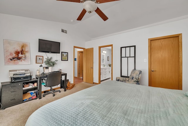 117 Andrew Taras Ct Unit B1, Joliet, IL 60435 - carpeted bedroom with vaulted ceiling, ceiling fan, and ensuite bathroom