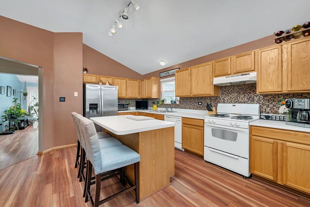 117 Andrew Taras Ct Unit B1, Joliet, IL 60435 - kitchen with white appliances, under cabinet range hood, decorative backsplash, a breakfast bar, and light countertops