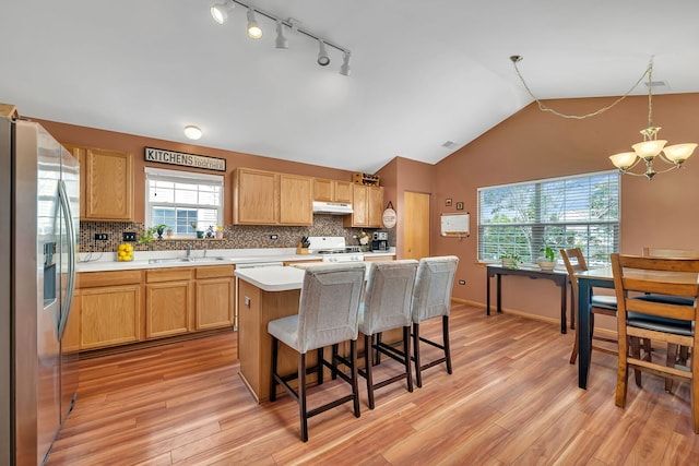 117 Andrew Taras Ct Unit B1, Joliet, IL 60435 - kitchen with stainless steel refrigerator with ice dispenser, stove, a sink, a chandelier, and light countertops