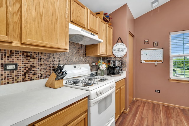 117 Andrew Taras Ct Unit B1, Joliet, IL 60435 - kitchen with white range with gas stovetop, under cabinet range hood, light countertops, light wood-type flooring, and tasteful backsplash