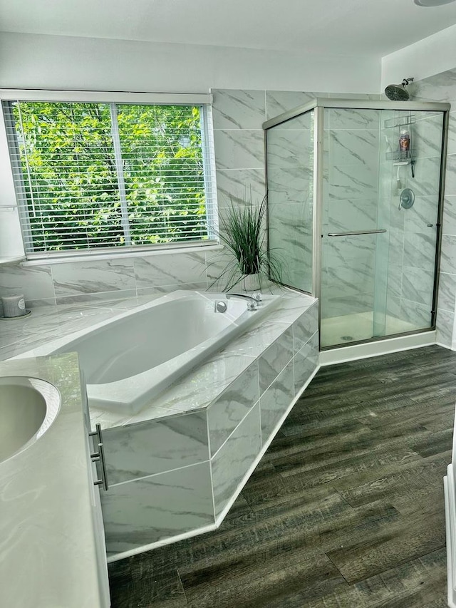 34165 N Goldenrod Rd, Round Lake, IL 60073 - bathroom featuring a garden tub, a marble finish shower, and vanity