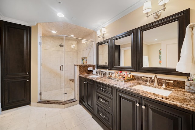 201 Reber St Unit 6, Wheaton, IL 60187 - bathroom with double vanity, crown molding, a shower stall, tile patterned floors, and recessed lighting