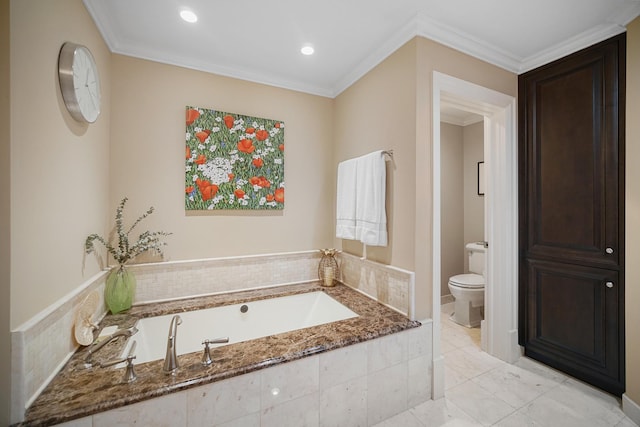 201 Reber St Unit 6, Wheaton, IL 60187 - full bath featuring a garden tub, marble finish floors, ornamental molding, and recessed lighting