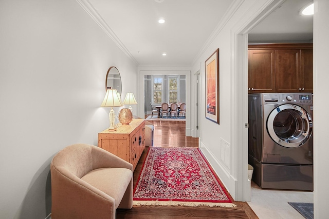 201 Reber St Unit 6, Wheaton, IL 60187 - laundry room with crown molding, cabinet space, recessed lighting, light tile patterned floors, and independent washer and dryer
