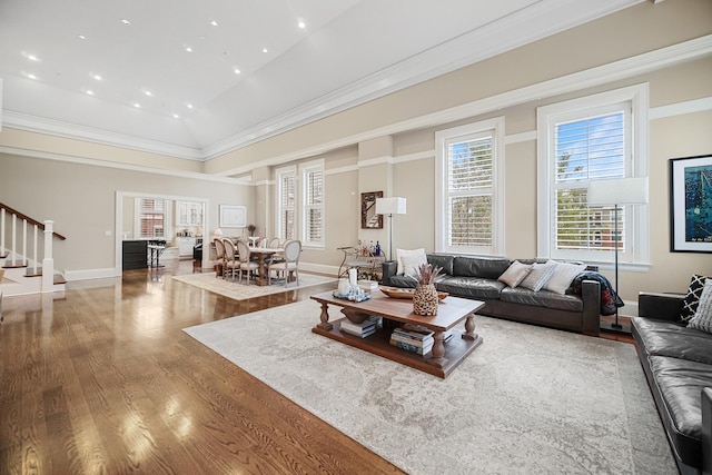 201 Reber St Unit 6, Wheaton, IL 60187 - living area featuring stairway, wood finished floors, crown molding, recessed lighting, and a high ceiling