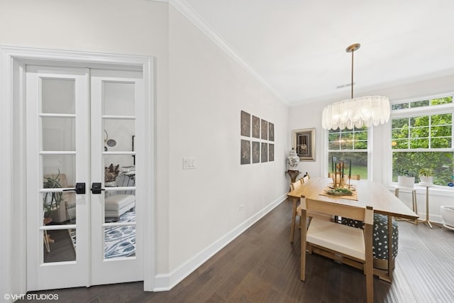 50 W Kennedy Ln Unit 102, Hinsdale, IL 60521 - dining room with ornamental molding, baseboards, dark wood-type flooring, a chandelier, and french doors