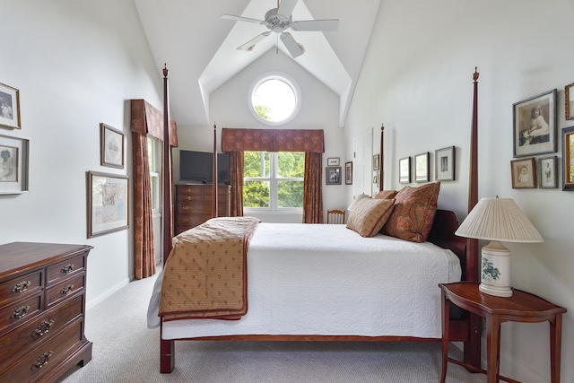 674 Foxdale Ave, Winnetka, IL 60093 - bedroom featuring carpet, high vaulted ceiling, and a ceiling fan